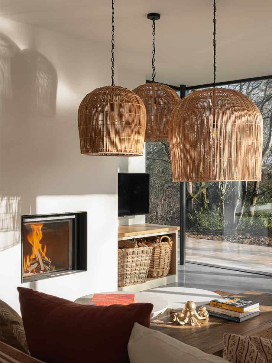 Hazelbridge Cottage, sitting room with woven pendant lights